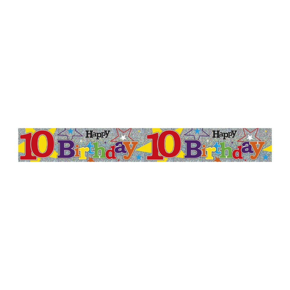 10th Birthday Holographic Party Banner | Silver, Multicoloured Lettering