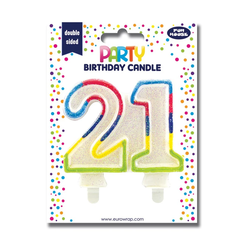 21st Birthday Glitter Number Candle | Multicolour Outline, Cake Topper