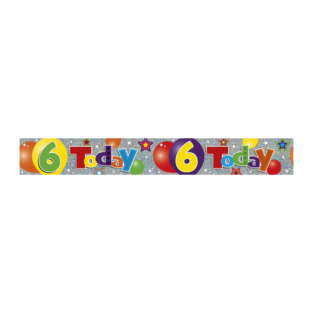 6th Birthday 6 Today Party Banner | Assorted Colours, Silver Sparkle Effect