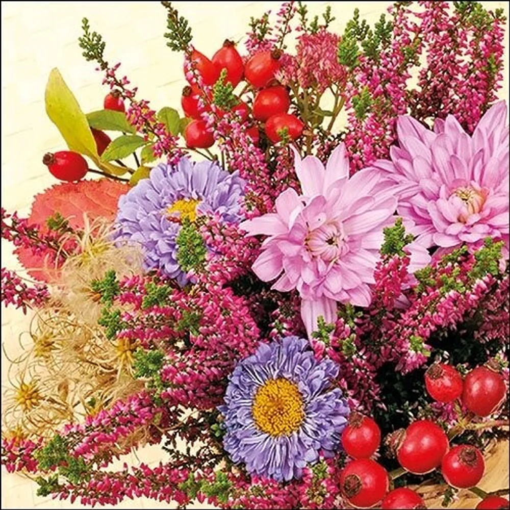 Ambiente Autumn Flowers Napkin | Pink and Purple Blooms, Red Berries