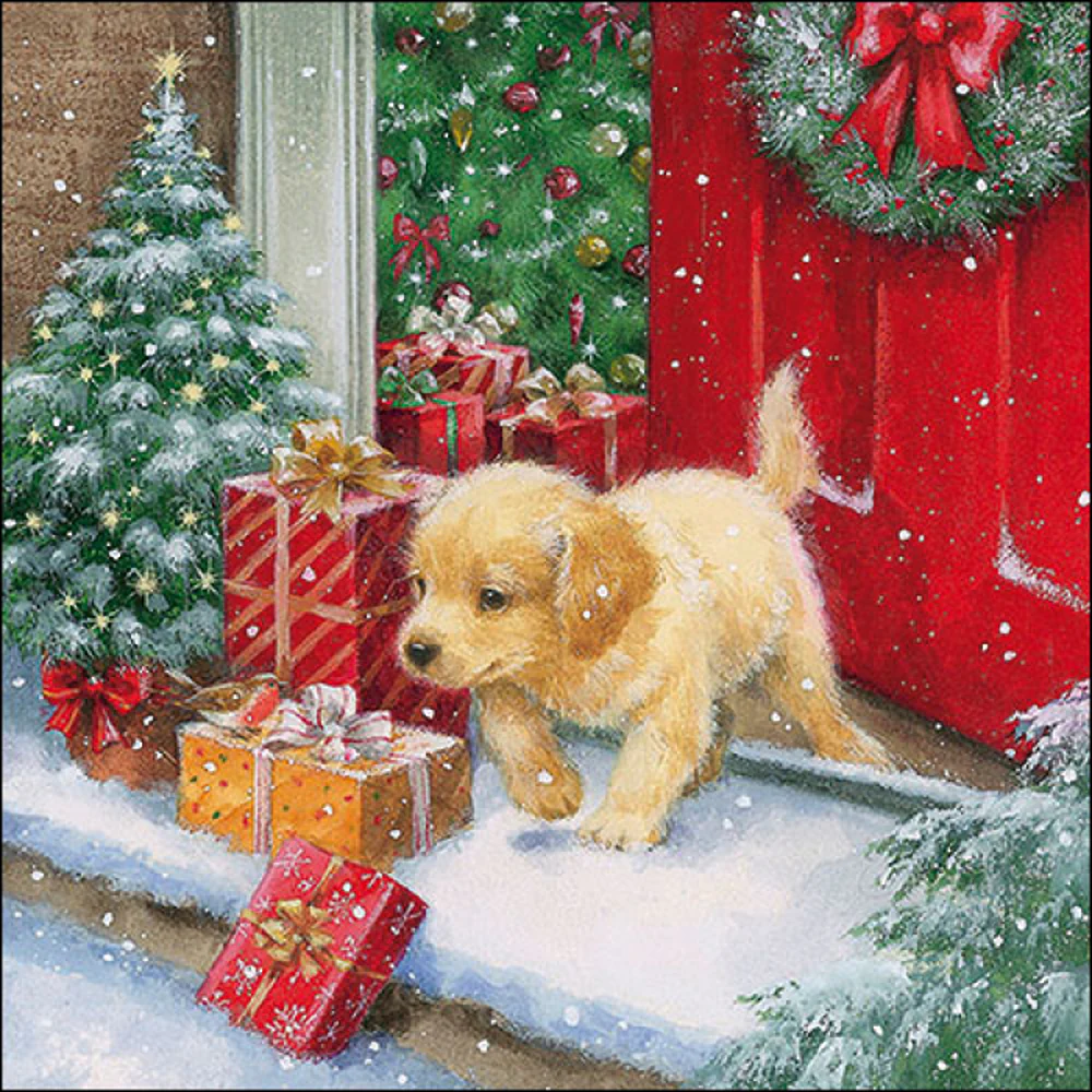 Ambiente Christmas Puppy Paper Napkins | Pack of 20, Red and Green