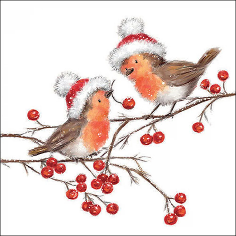 Ambiente Christmas Robin and Berry White Paper Napkins | Pack of 20