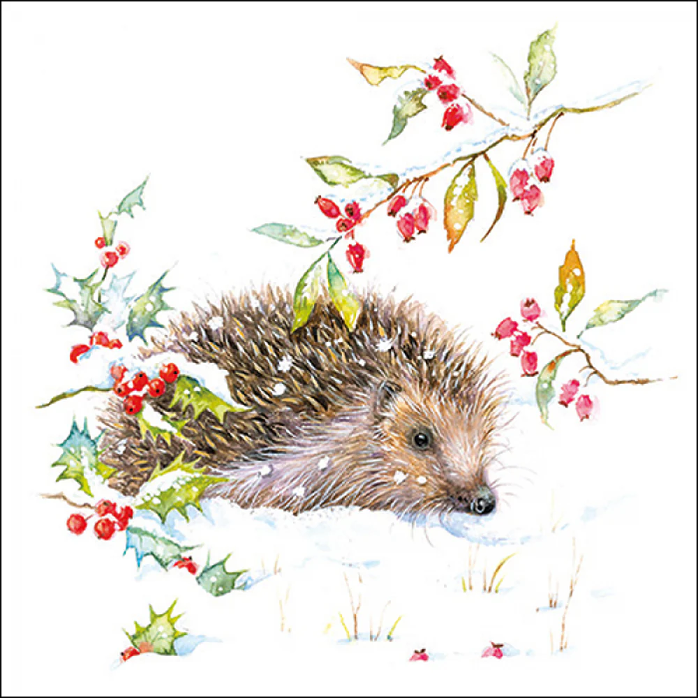 Ambiente Hedgehog in Winter Paper Napkins | Watercolour, Holly and Berries
