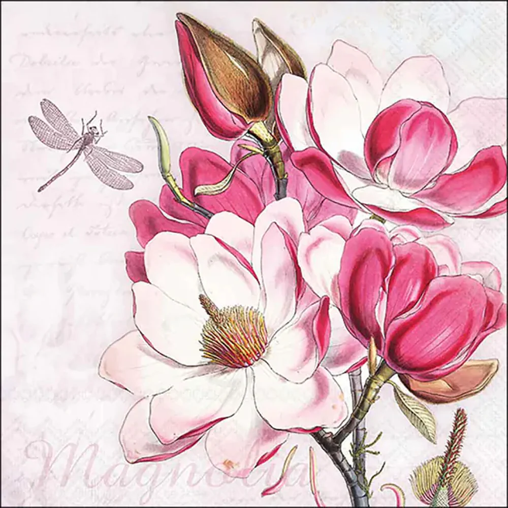 Ambiente Magdalena Magnolia Floral Napkin | Pink and White, Dragonfly