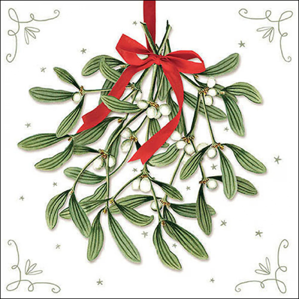 Ambiente Mistletoe with Bow Christmas Paper Napkins | White, Pack of 20