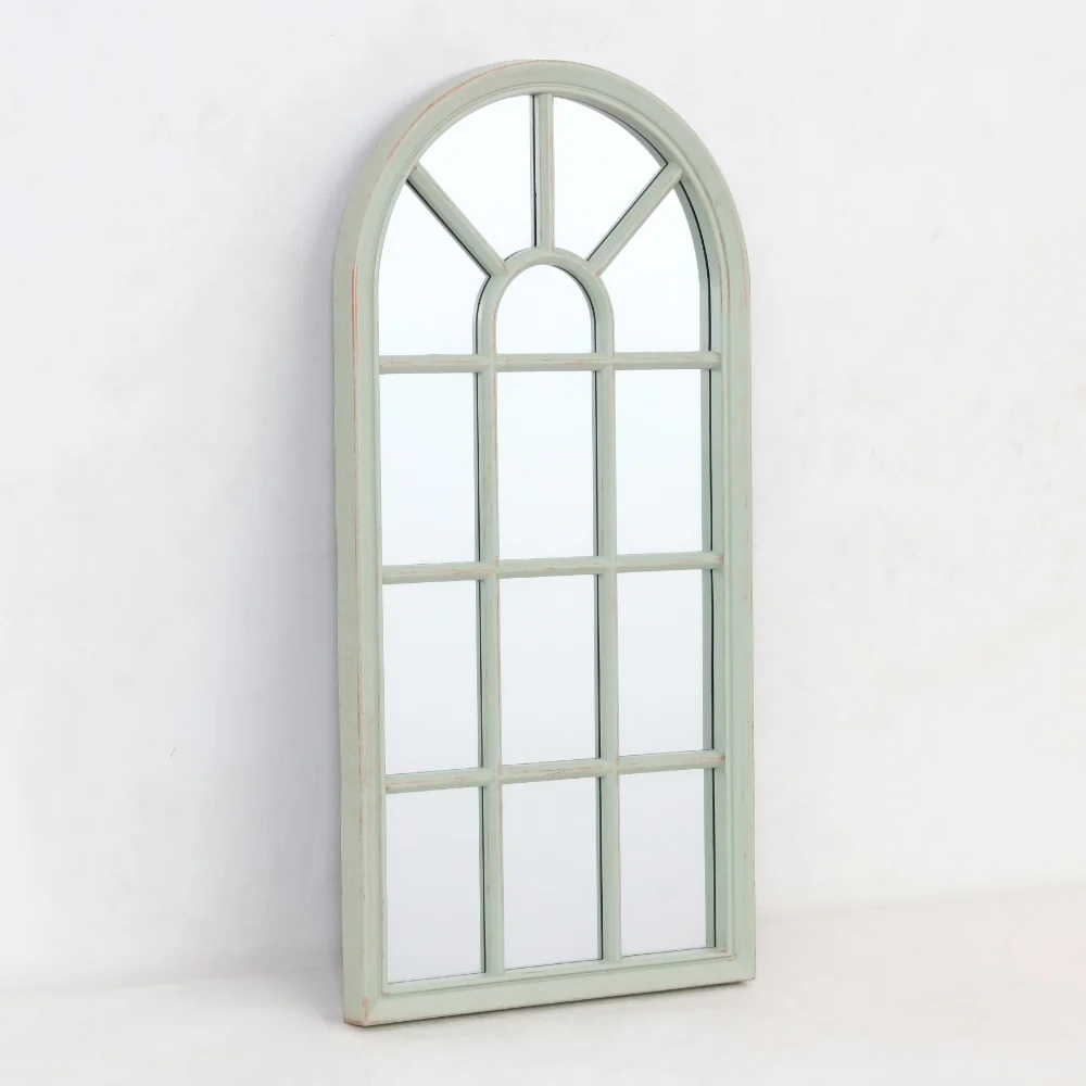 Arched Windowpane Wall Mirror | Distressed Pale Mint Green, 35 x 70cm - Image 2