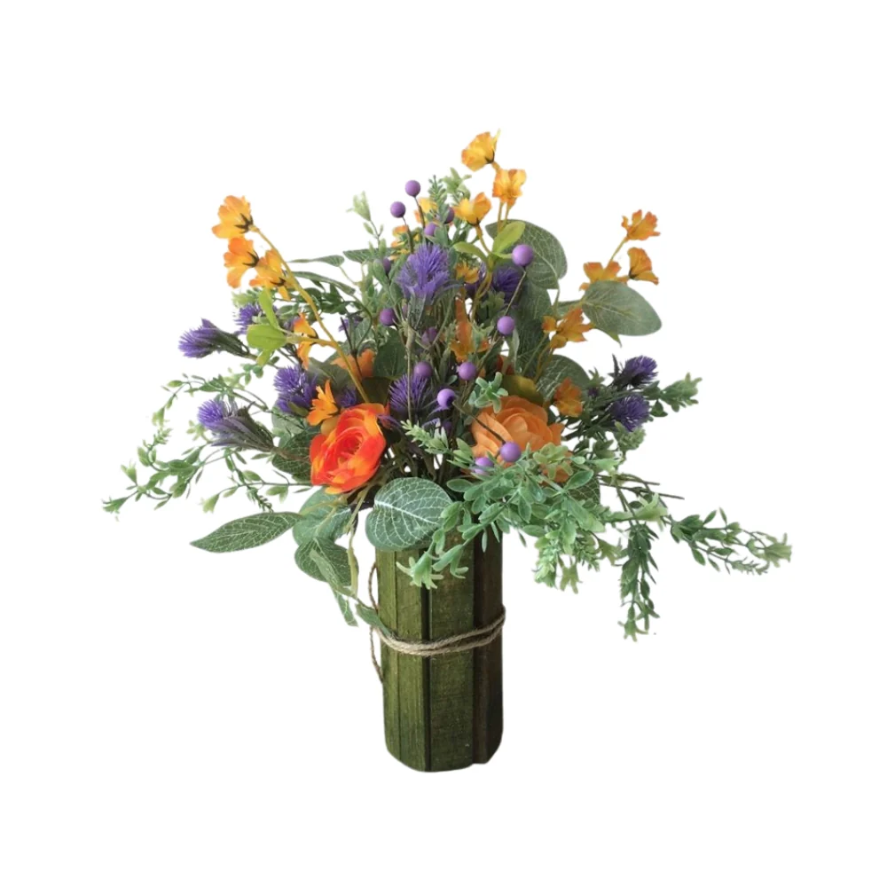 Artificial Wild Flower Bouquet Arrangement | Wooden Base, Orange and Purple