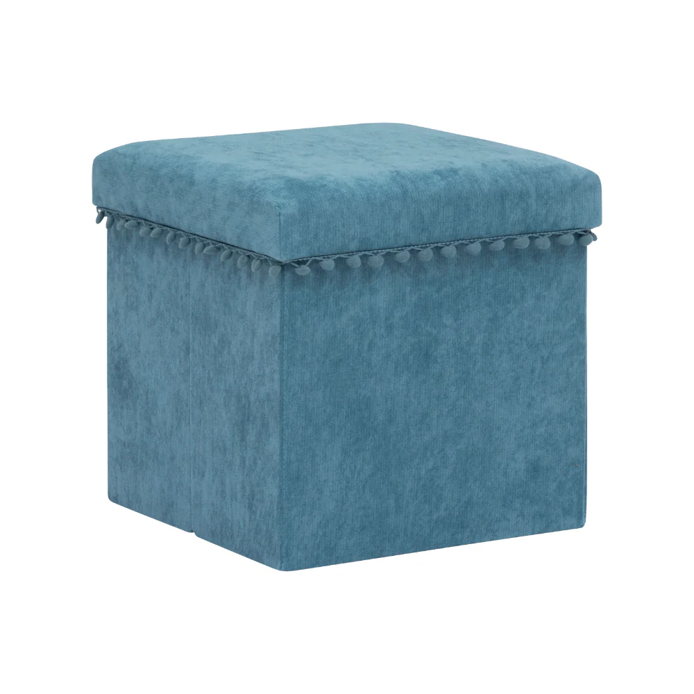 Atmosphera Foldable Blue Storage Pouf Ottoman | Lift-Up Lid, Pom-Pom Trim