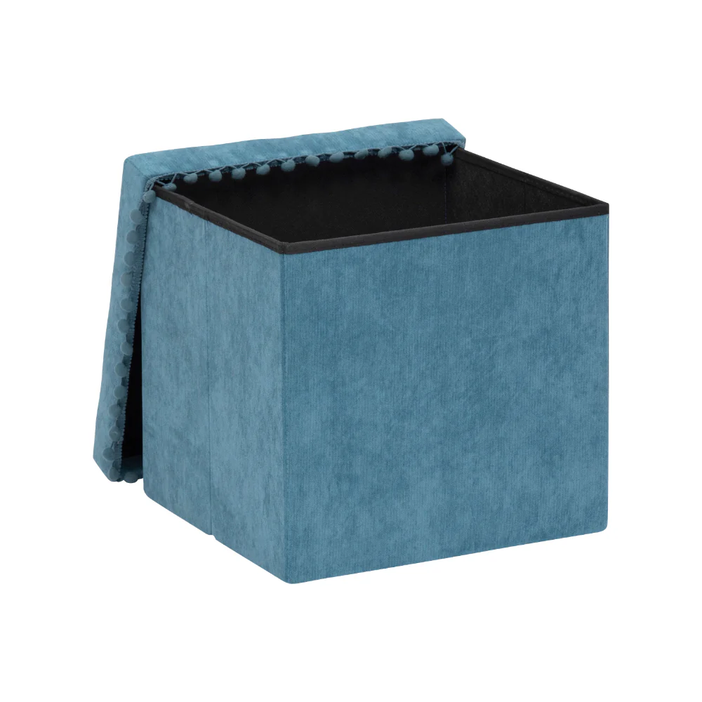 Atmosphera Foldable Blue Storage Pouf Ottoman | Lift-Up Lid, Pom-Pom Trim - Image 2