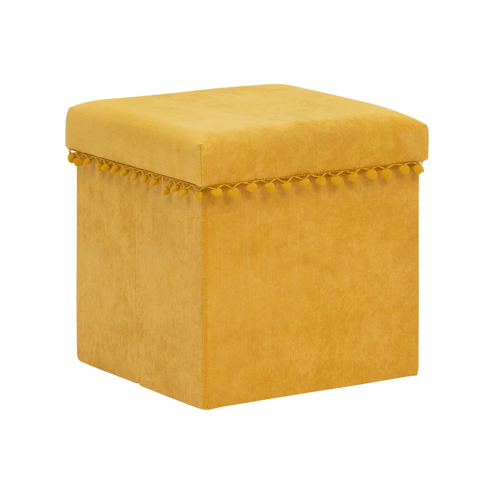 Atmosphera Foldable Storage Pouf | Ochre, Cushioned Lid, Pom-Pom Trim