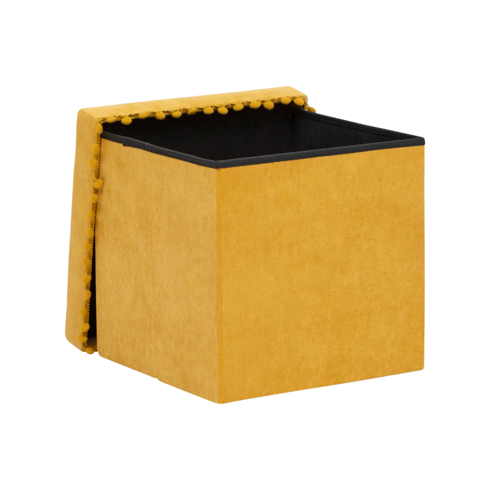 Atmosphera Foldable Storage Pouf | Ochre, Cushioned Lid, Pom-Pom Trim - Image 2