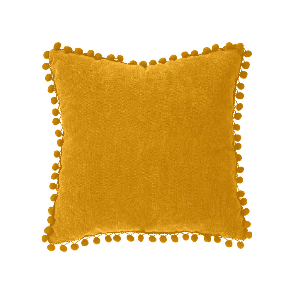 Atmosphera Ochre Tassel Cushion | Pom-Pom Fringe Trim, 40 x 40cm