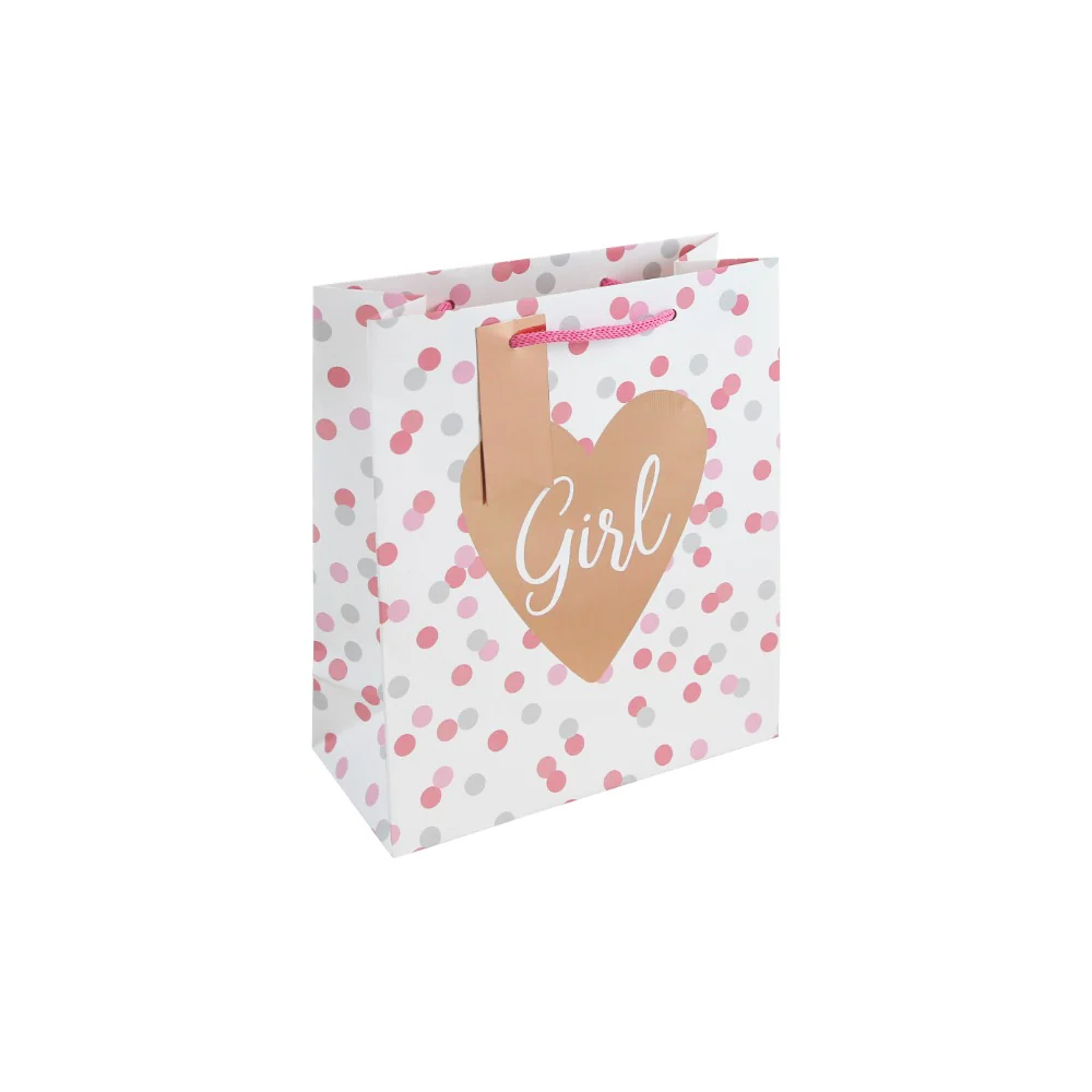 Baby Girl Medium Gift Bag | Pink Polka Dot, Heart Motif and Gift Tag
