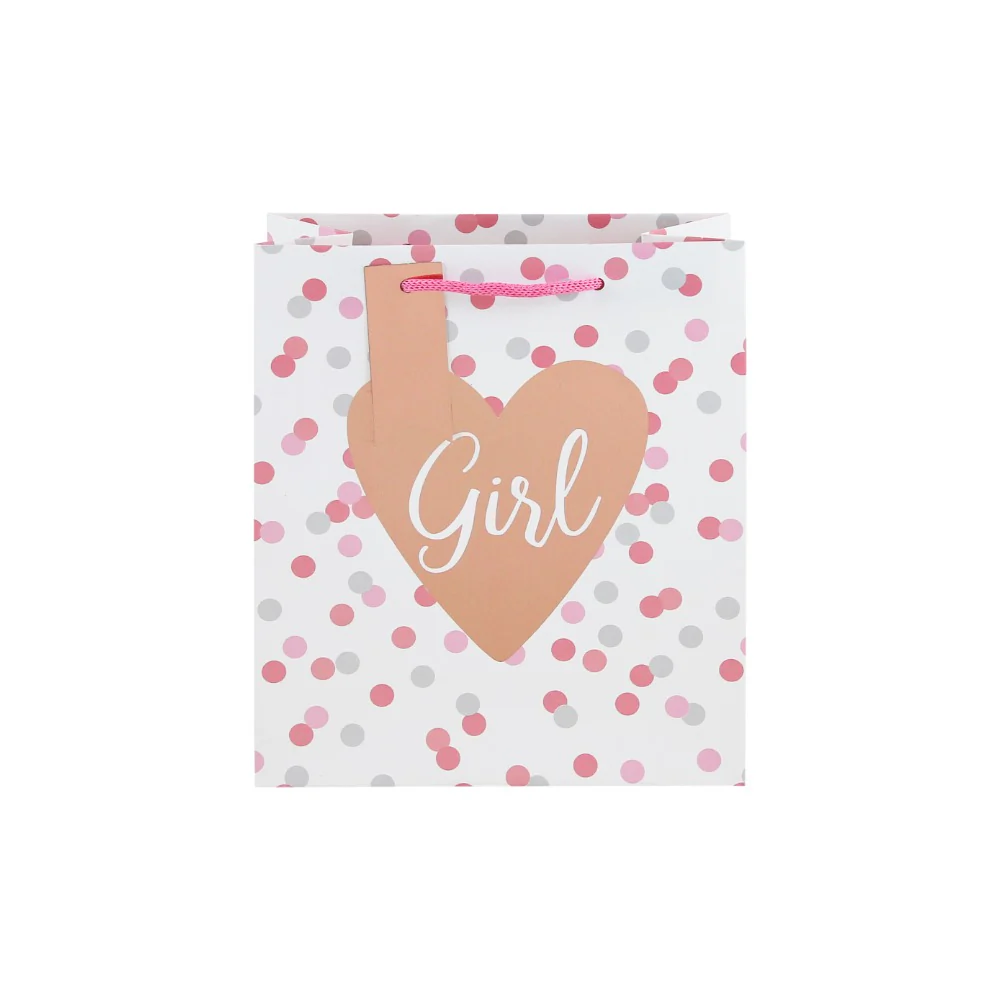 Baby Girl Medium Gift Bag | Pink Polka Dot, Heart Motif and Gift Tag - Image 2