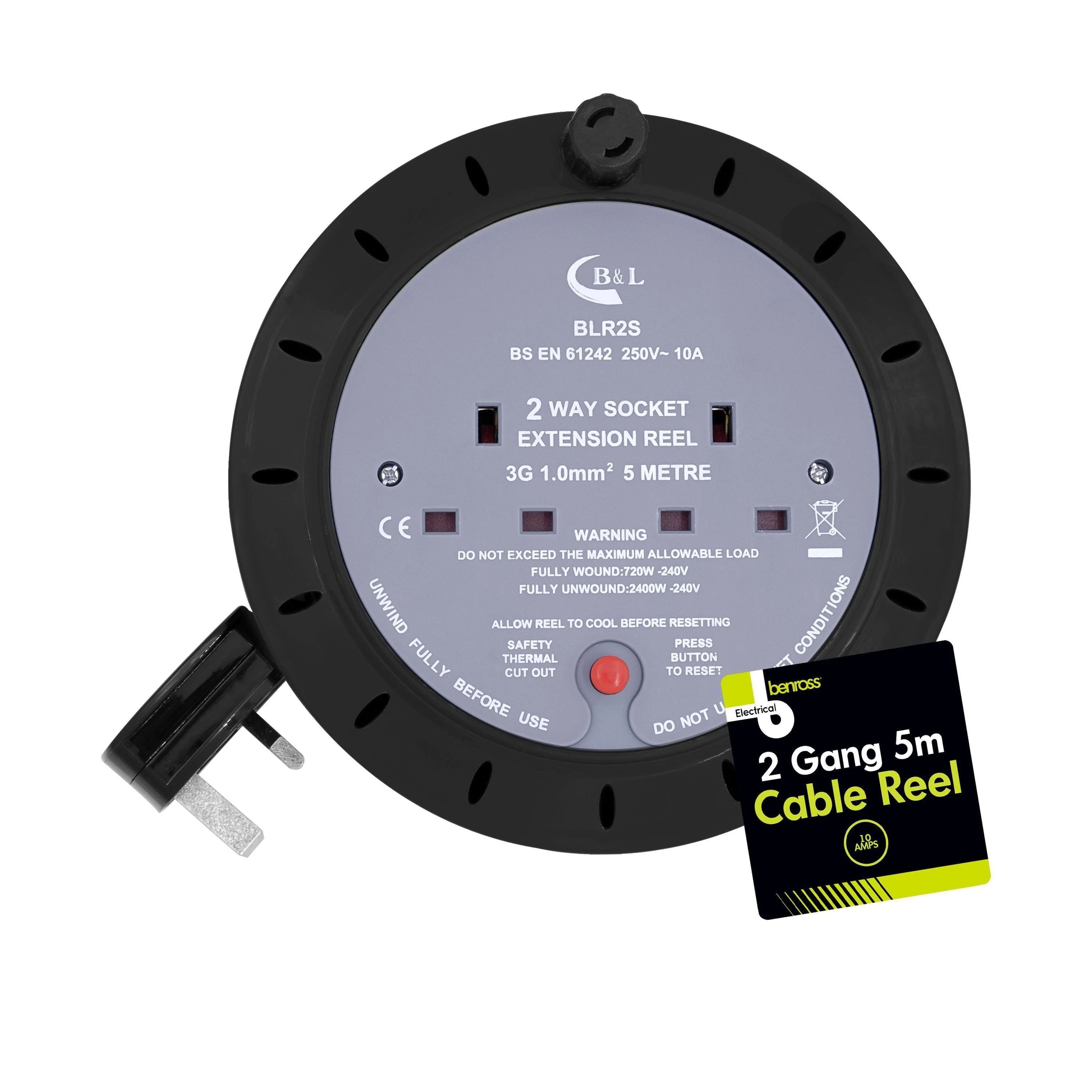 Benross 2 Gang 5 Metre 10 Amp Reel Extension Lead