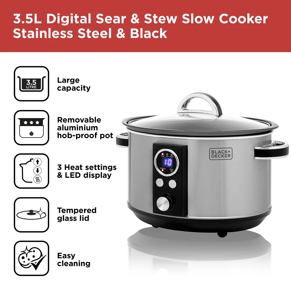Black + Decker Digital Slow Cooker | 3.5L, Stainless Steel, LED Display - Image 2
