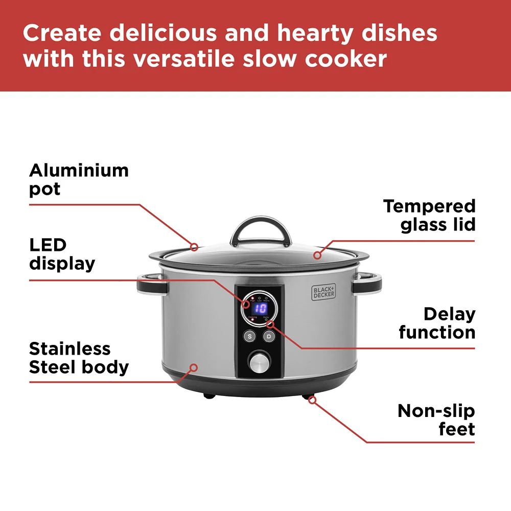 Black + Decker Digital Slow Cooker | 3.5L, Stainless Steel, LED Display - Image 8