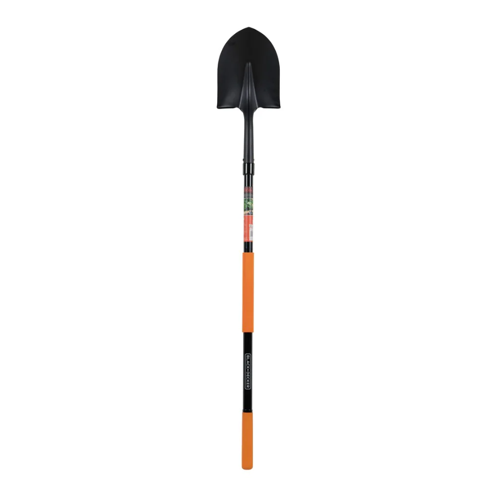 Black + Decker Round Point Fibreglass Shovel | Long Handle, Orange Grip