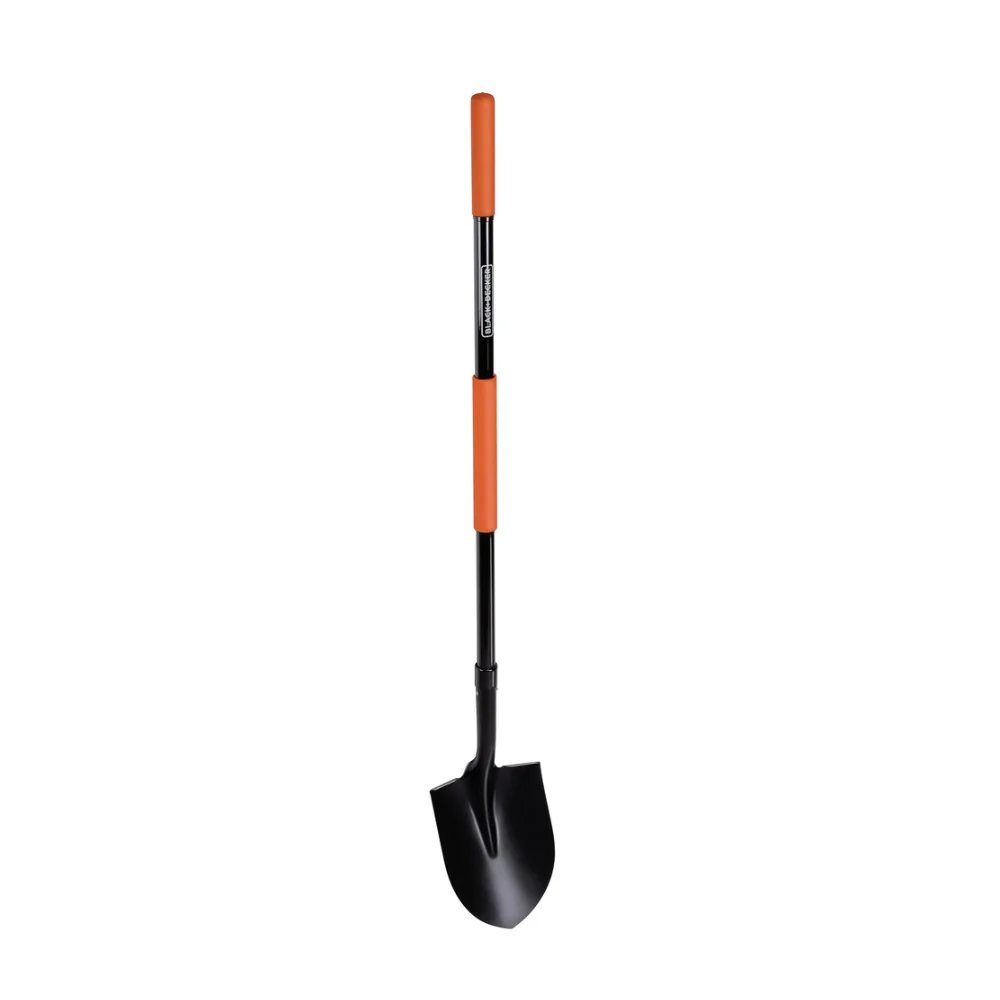 Black + Decker Round Point Fibreglass Shovel | Long Handle, Orange Grip - Image 2