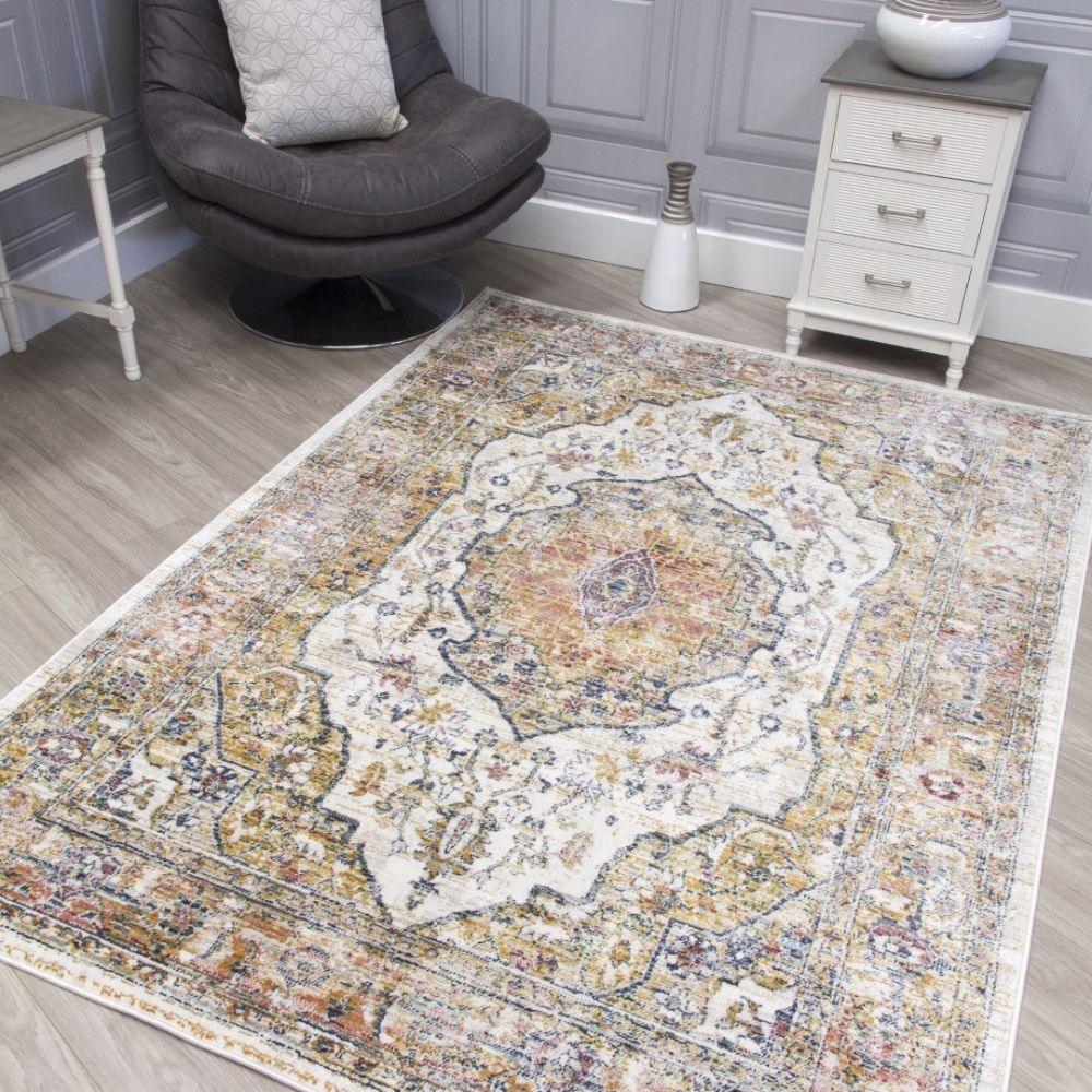 Boho Medallion Natural Cream Rug | Vintage Distressed Design - Image 6