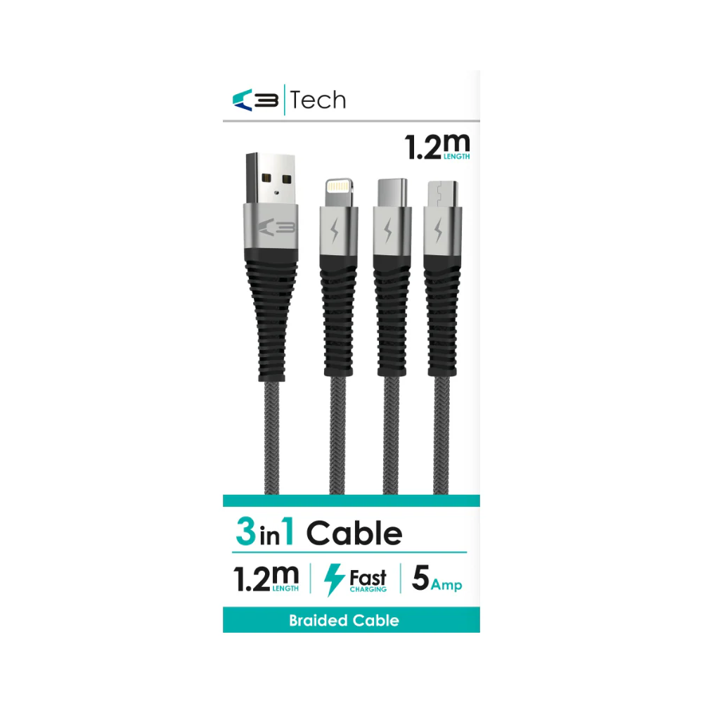 C3 Universal 3-in-1 Braided Charging Cable | 1.2m, 5 Amp, Fast Charge