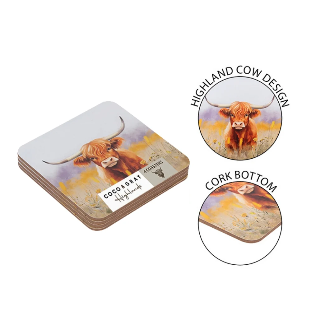 Coco & Gray Highland Cow Coasters | Set of 4 | 9.5x9.5cm - Image 2