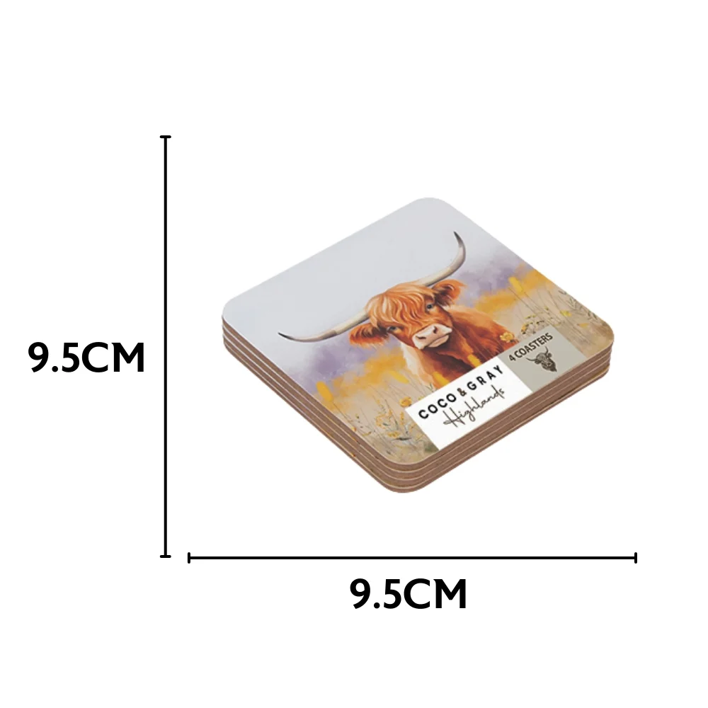 Coco & Gray Highland Cow Coasters | Set of 4 | 9.5x9.5cm - Image 3