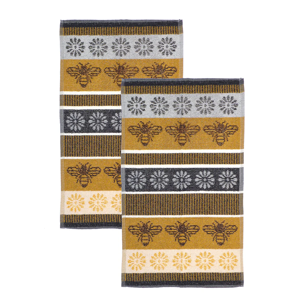 Country Club Bee and Floral Jacquard Tea Towels | Pack of 2, Mustard - Image 3