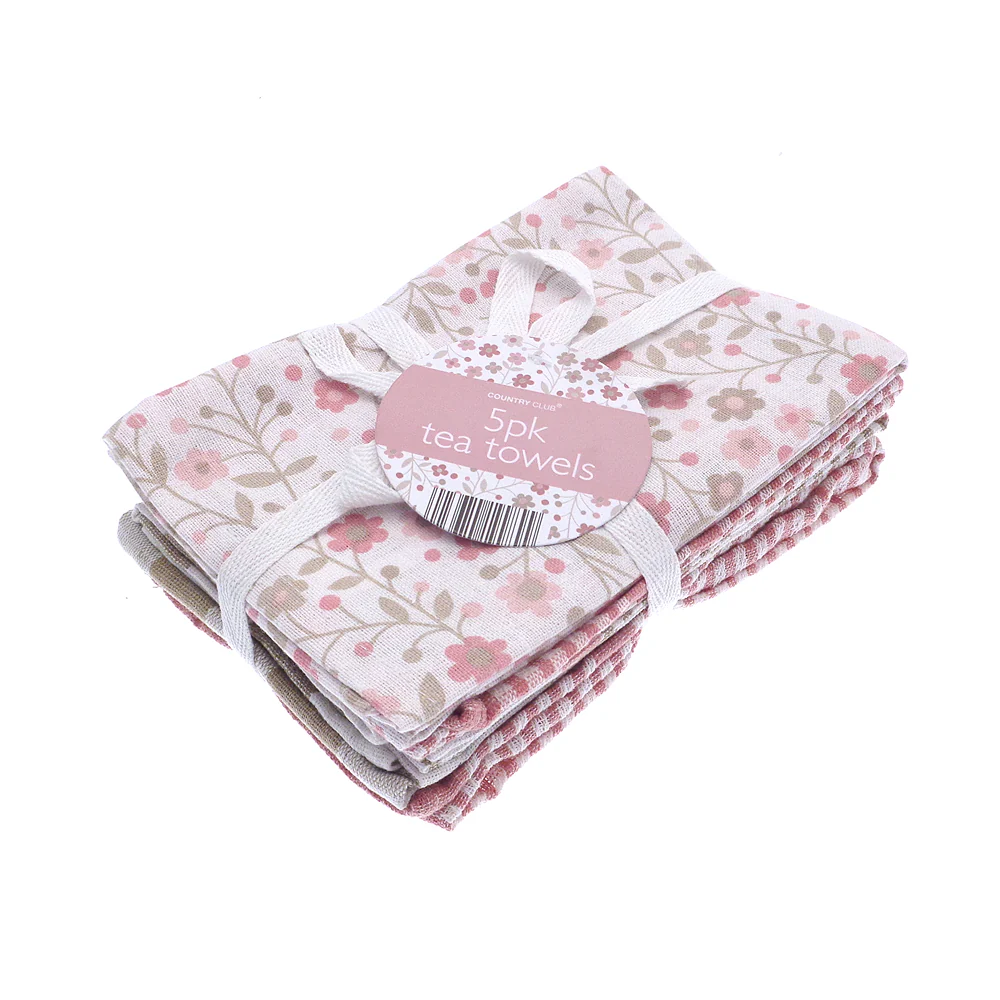 Country Club Floral Tea Towels | Pack of 5, Pastel Pink, Assorted Designs