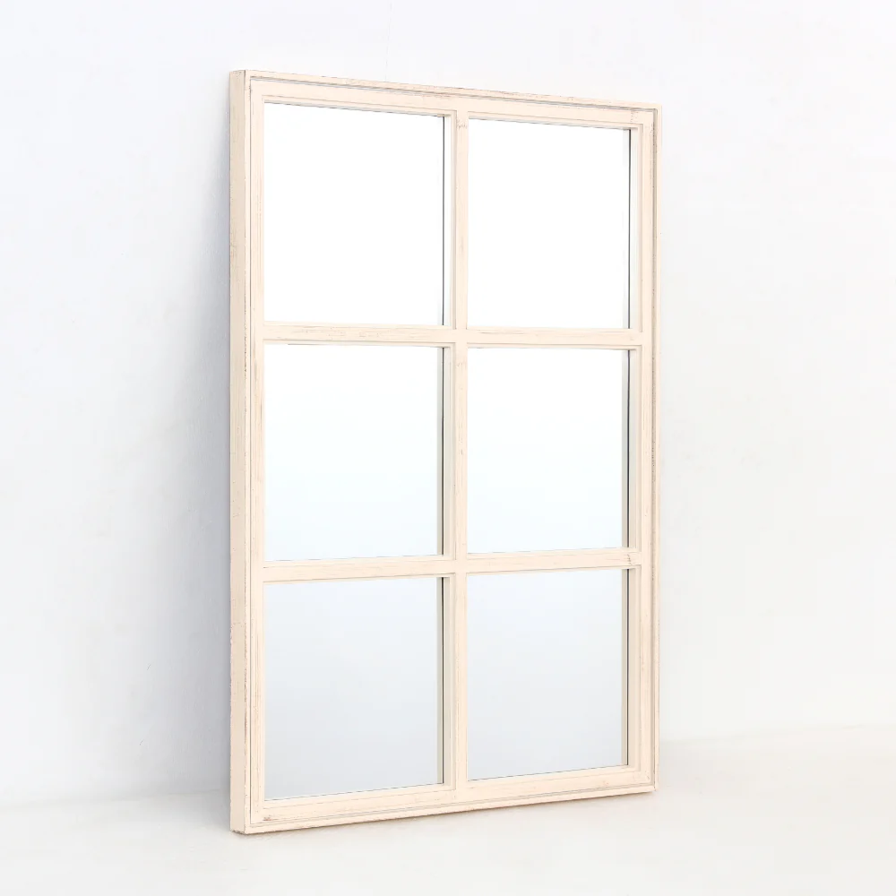 Cream Windowpane Wall Mirror | Distressed Frame, Large, 65 x 96cm