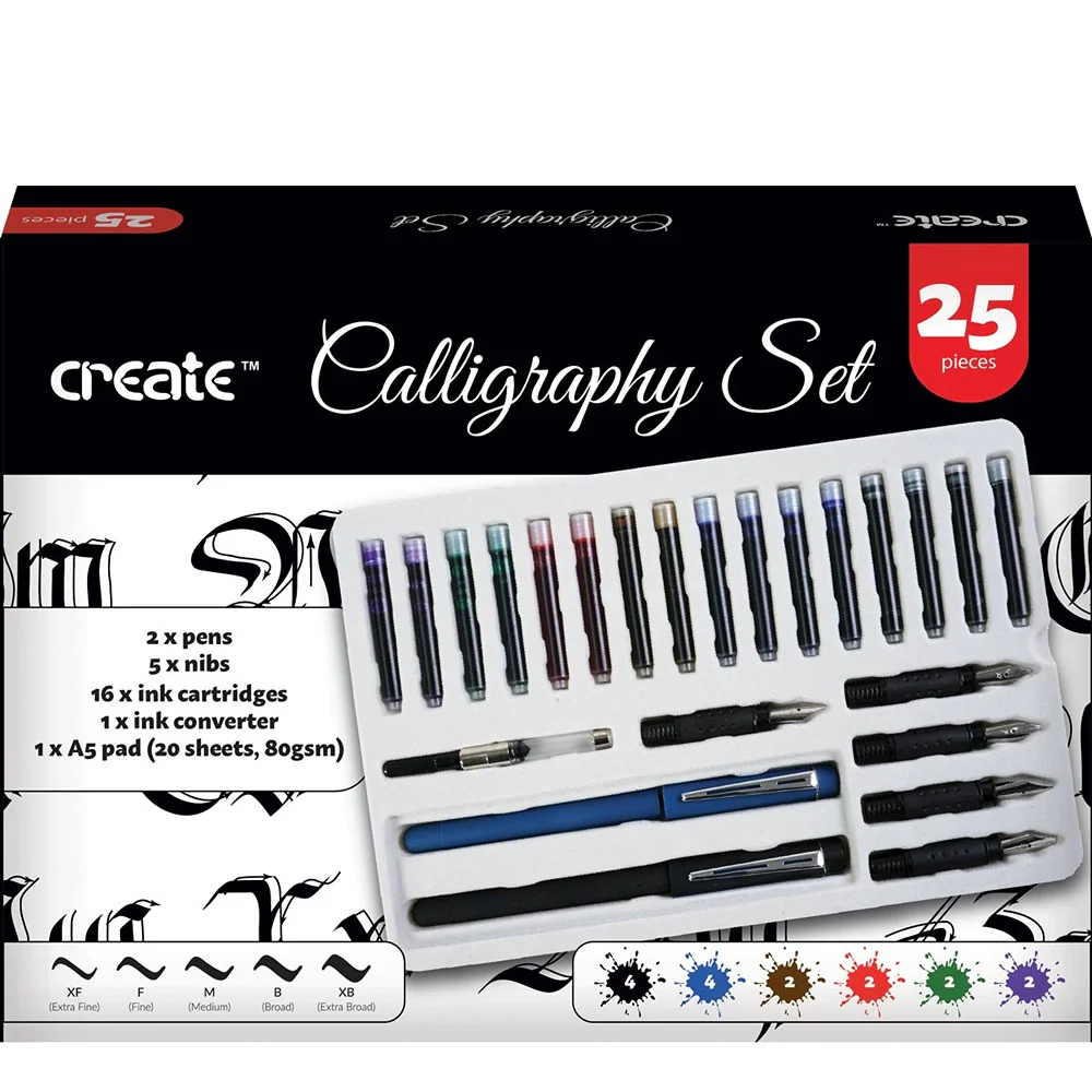 Create Complete 25 Piece Calligraphy Set | Pens, Nibs, Inks, A5 Pad