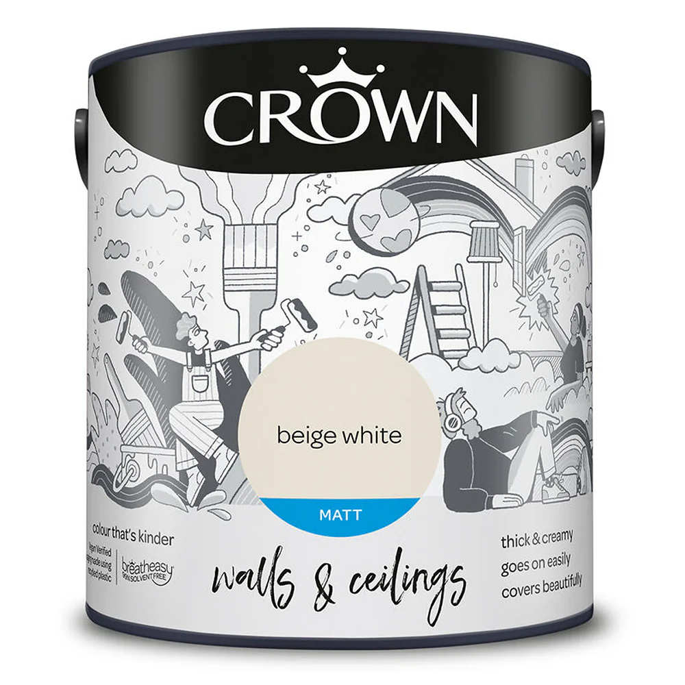 Crown Paint Beige White Breatheasy Matt Emulsion | 2.5L, Walls and Ceilings