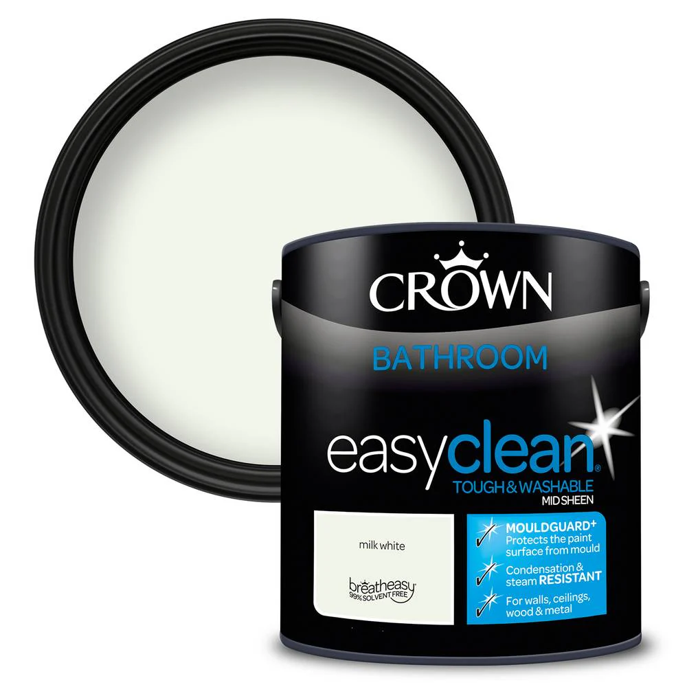 Crown Paint Easyclean Bathroom Milk White Paint | 2.5L, Mouldguard+, Mid Sheen
