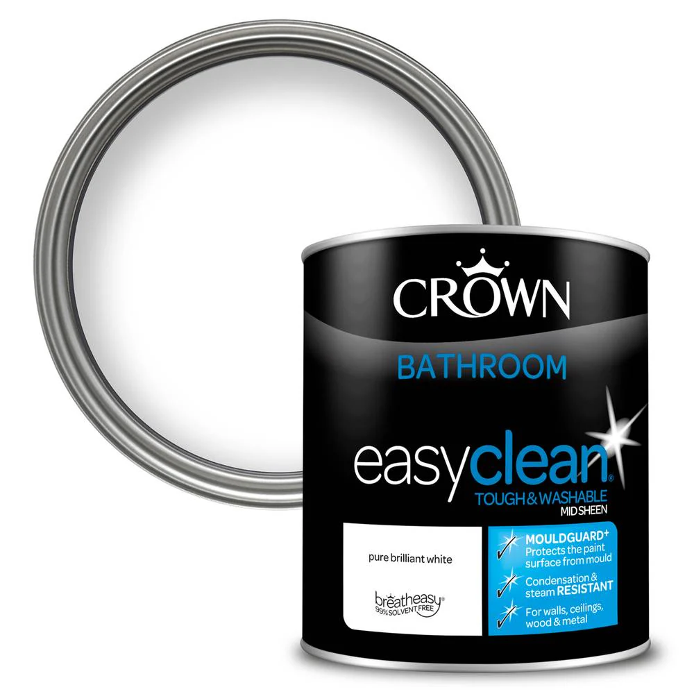 Crown Paint Easyclean Brilliant White Bathroom Paint | 1L, Mid Sheen, Mouldguard+