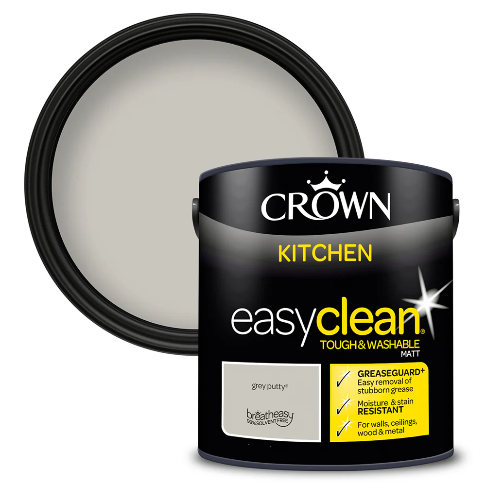 Crown Paint Easyclean Kitchen Grey Putty Paint | 2.5L, Tough Washable Matt