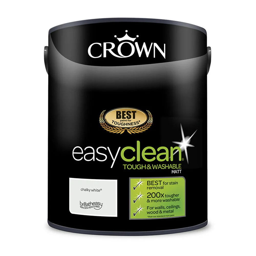 Crown Paint Easyclean Matt Chalky White Emulsion Paint | 5L, Washable