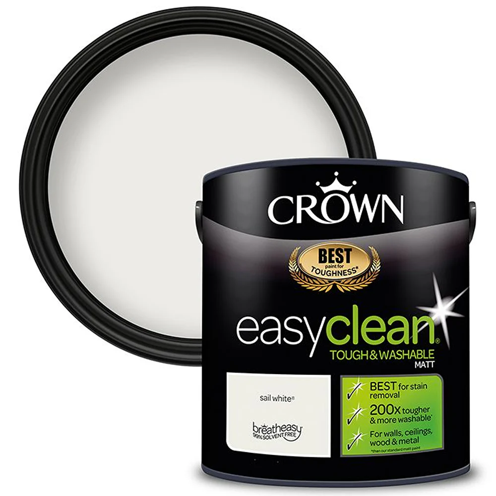 Crown Paint Easyclean Tough Washable Matt Sail White Paint | 5L, Breatheasy