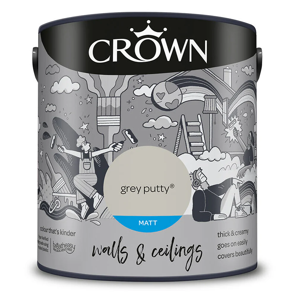Crown Paint Grey Putty Matt Emulsion Paint | 2.5L, Walls and Ceilings, Low Odour