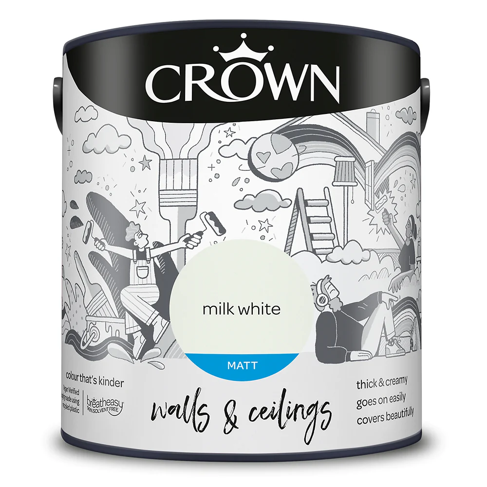 Crown Paint Milk White Matt Emulsion Paint | 2.5L, Breatheasy Low Odour