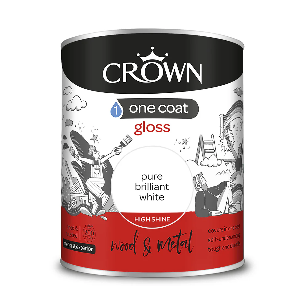 Crown Paint One Coat Gloss Pure Brilliant White Paint | 750ml, Wood and Metal