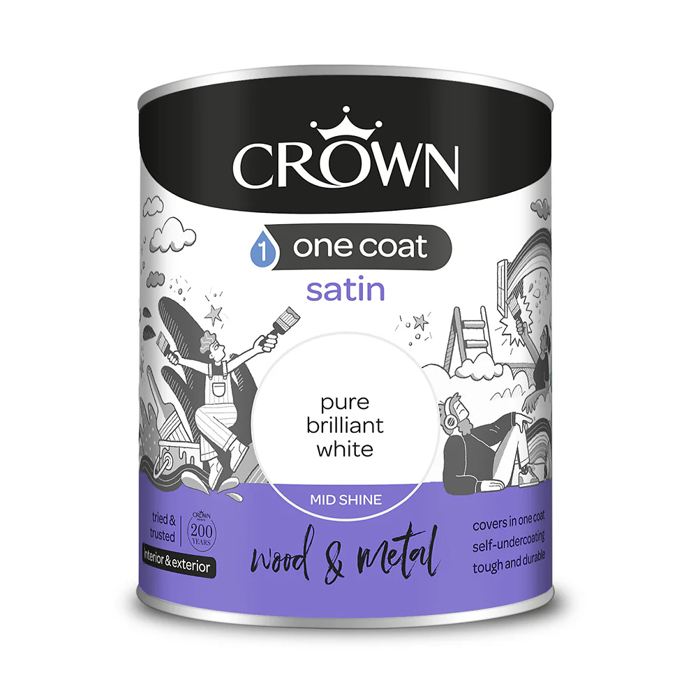 Crown Paint One Coat Satin Brilliant White Paint | 750ml, Wood & Metal