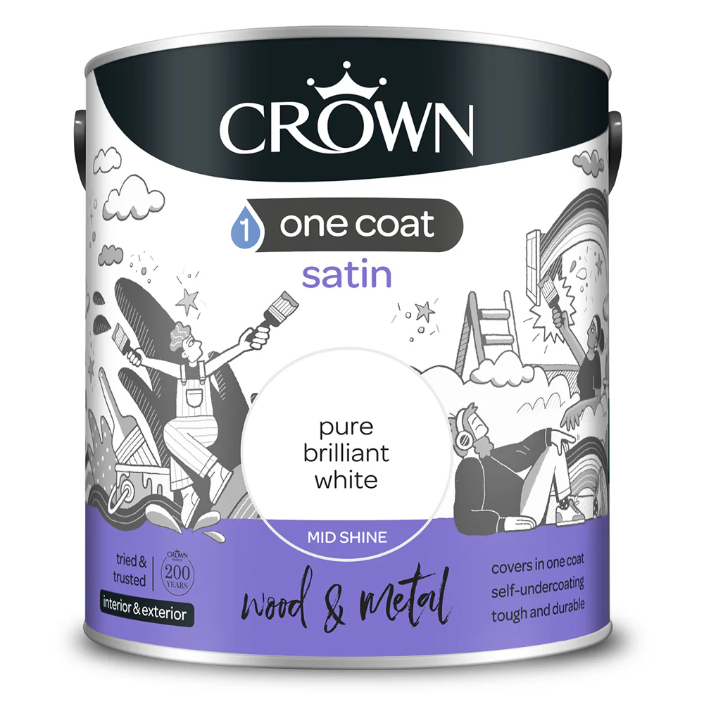 Crown Paint One Coat Satin Pure Brilliant White Paint | 2.5L, Wood and Metal