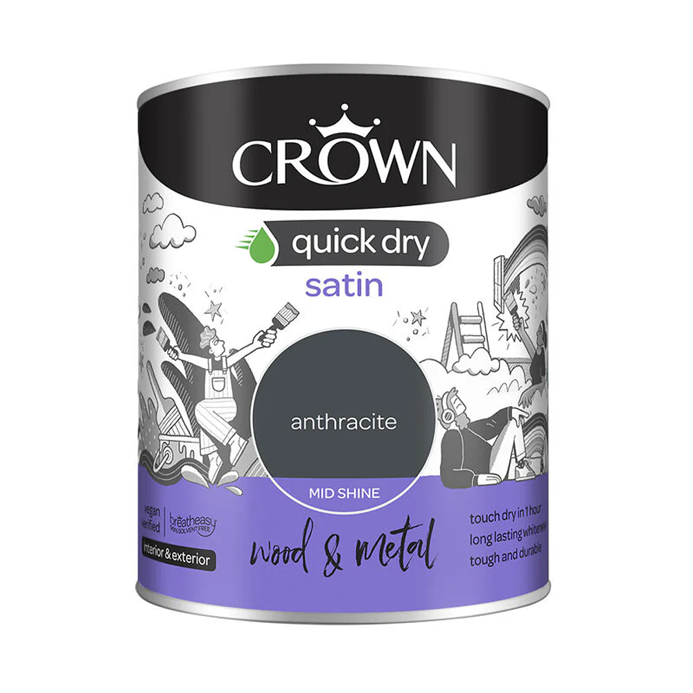 Crown Paint Quick Dry Anthracite Satin Paint | 750ml, Wood and Metal