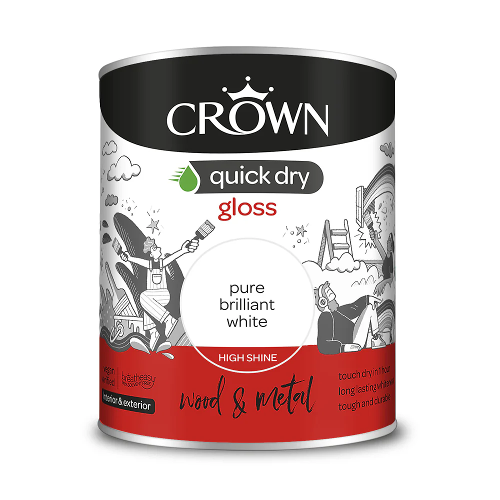 Crown Paint Quick Dry Brilliant White Gloss Paint | 750ml, Interior & Exterior