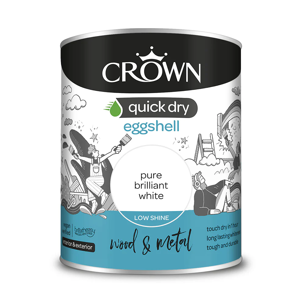 Crown Paint Quick Dry Eggshell Paint Brilliant White | 750ml, Wood and Metal