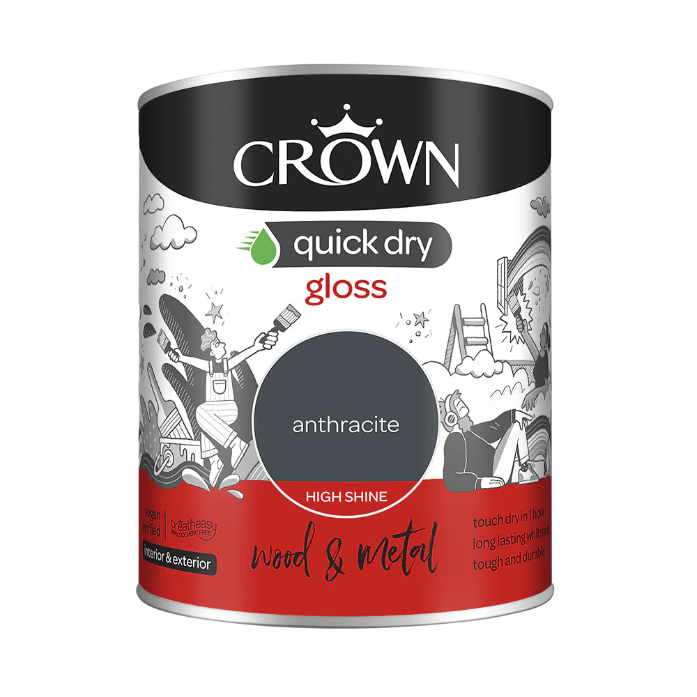 Crown Paint Quick Dry Gloss Anthracite Paint | 750ml, Interior & Exterior