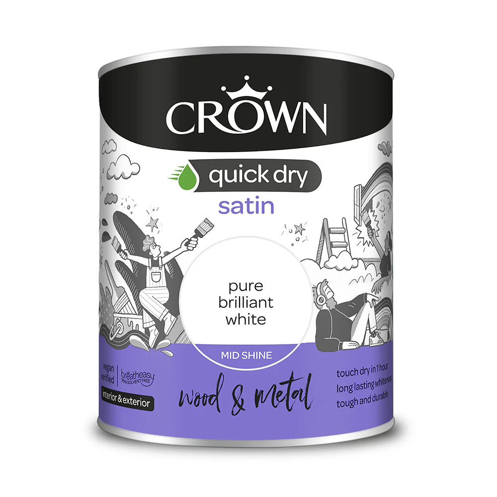 Crown Paint Quick Dry Satin Brilliant White Wood & Metal Paint | 750ml