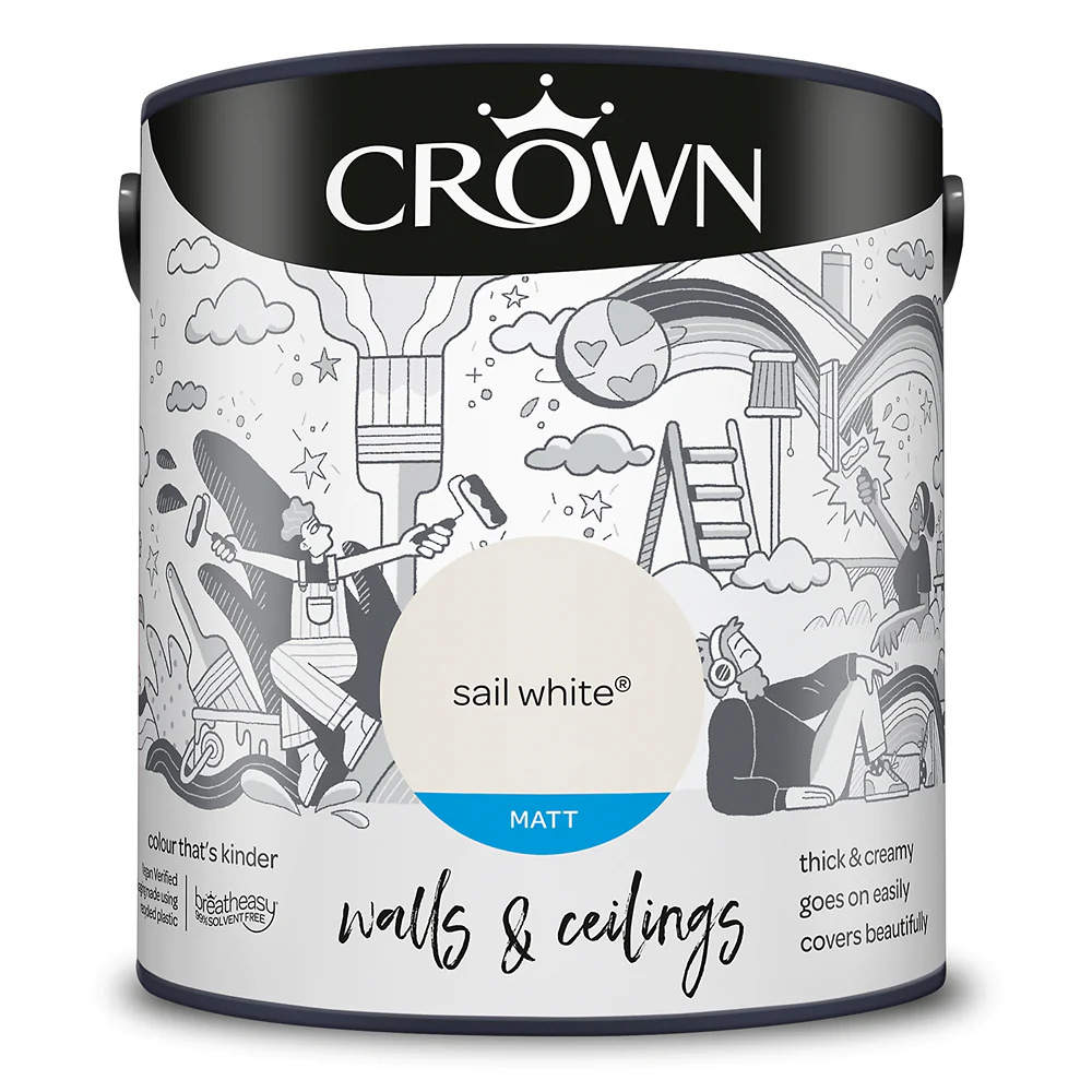Crown Paint Sail White Matt Emulsion Paint | 2.5L, Breatheasy