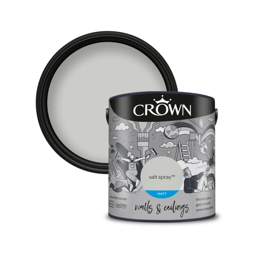 Crown Paint Salt Spray Matt Walls and Ceilings Paint | 2.5L, Light Grey