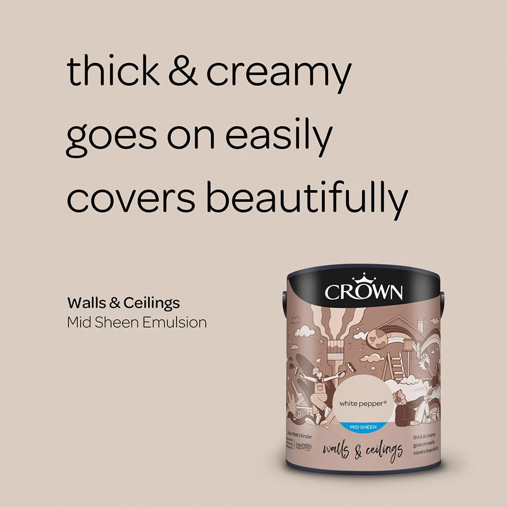 Crown Walls & Ceilings Mid Sheen Emulsion Paint | White Pepper - Image 6